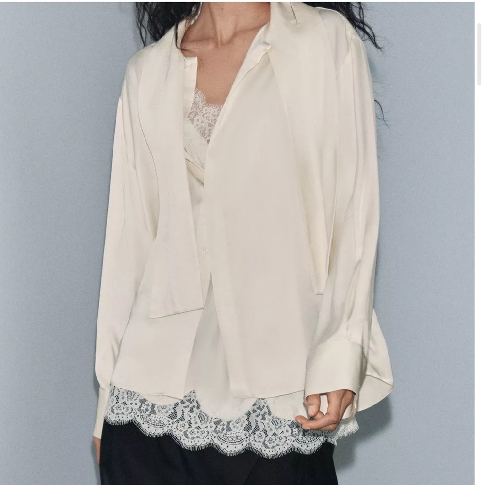 NWT ZARA WOMAN Satin effect Cream Blouse with Lace Cami.  Size small.